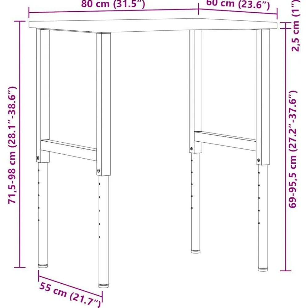 vidaXL Banco de trabajo madera roble marrón oscuro 80x60x(71,5-98) cm negro y marrón oscuro