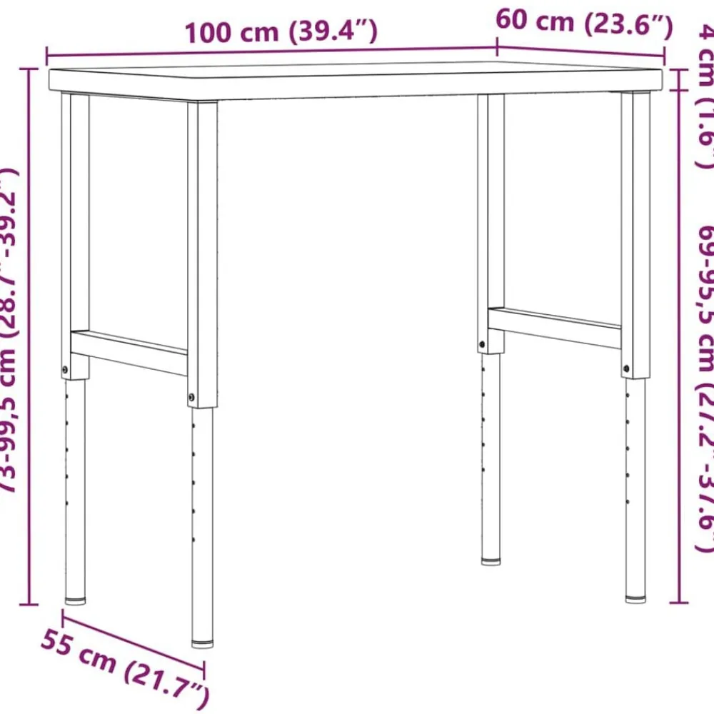 vidaXL Banco de trabajo rectangular madera maciza 100x60x(73-99,5) cm marrón oscuro y negro New