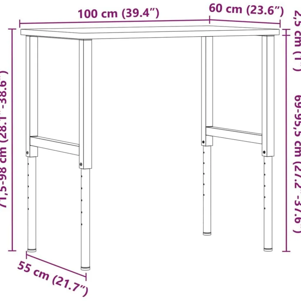vidaXL Accesorios De Bricolaje-Banco de trabajo rectangular madera maciza 100x60x(71,5-98) cm