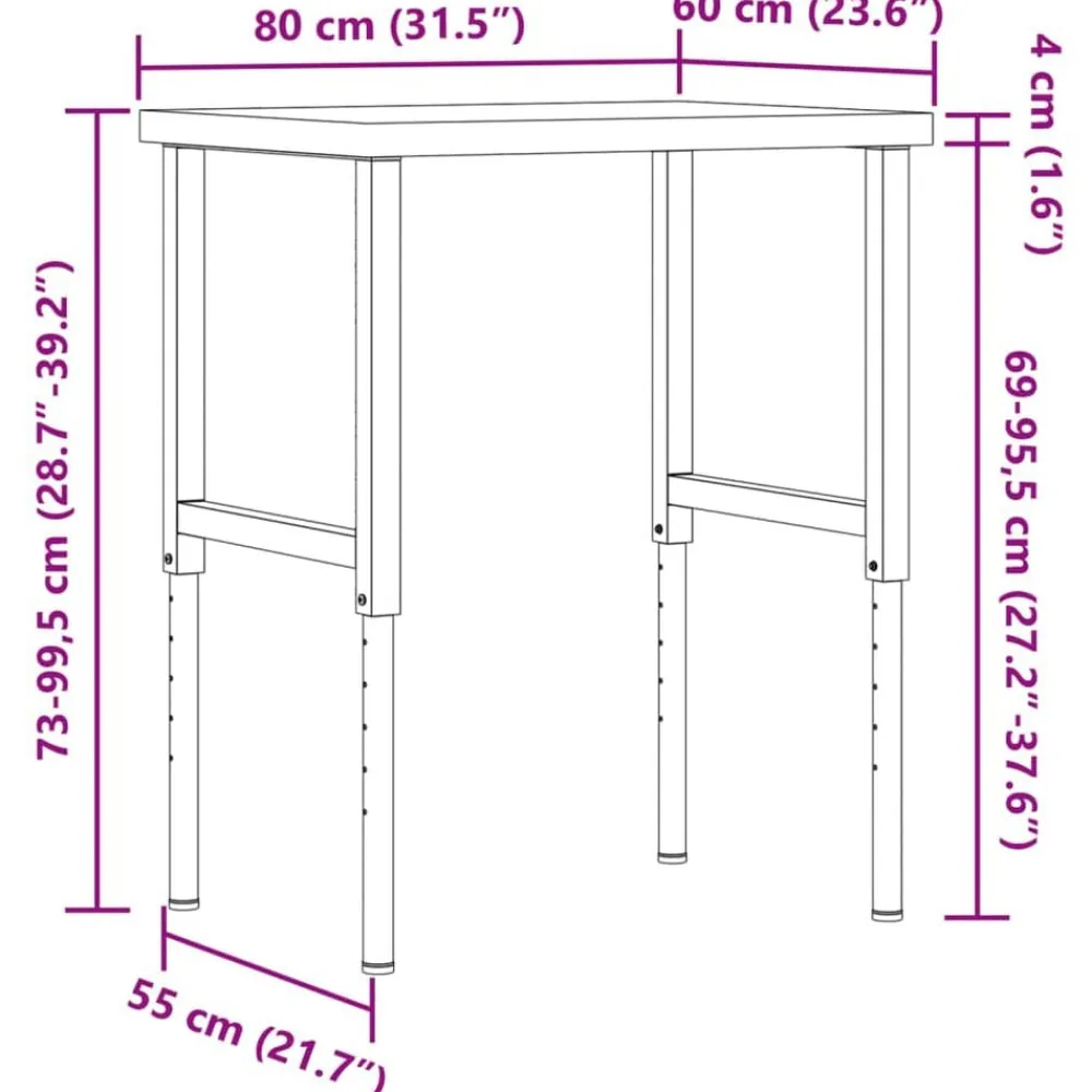 vidaXL Banco de trabajo rectangular madera maciza 80x60x(73-99,5) cm Marrón y blanco Clearance