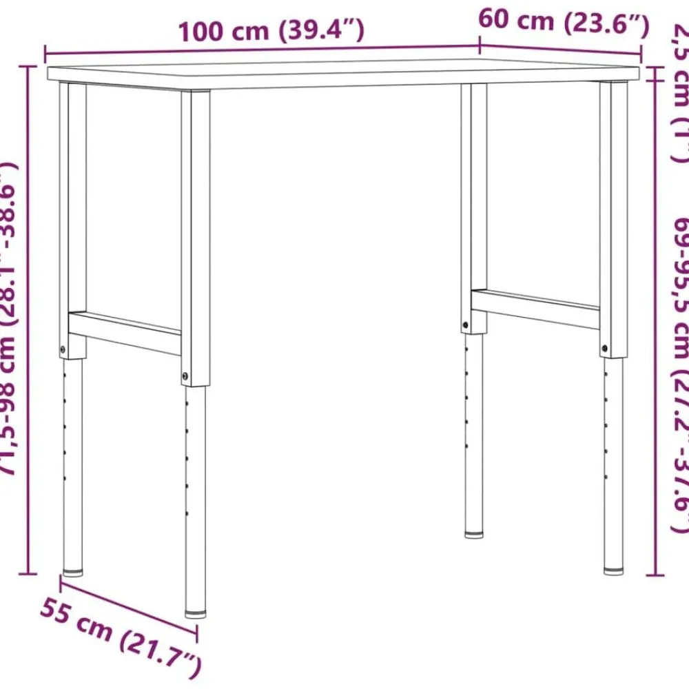vidaXL Accesorios De Bricolaje-Banco de trabajo rectangular madera maciza 100x60x(71,5-98) cm