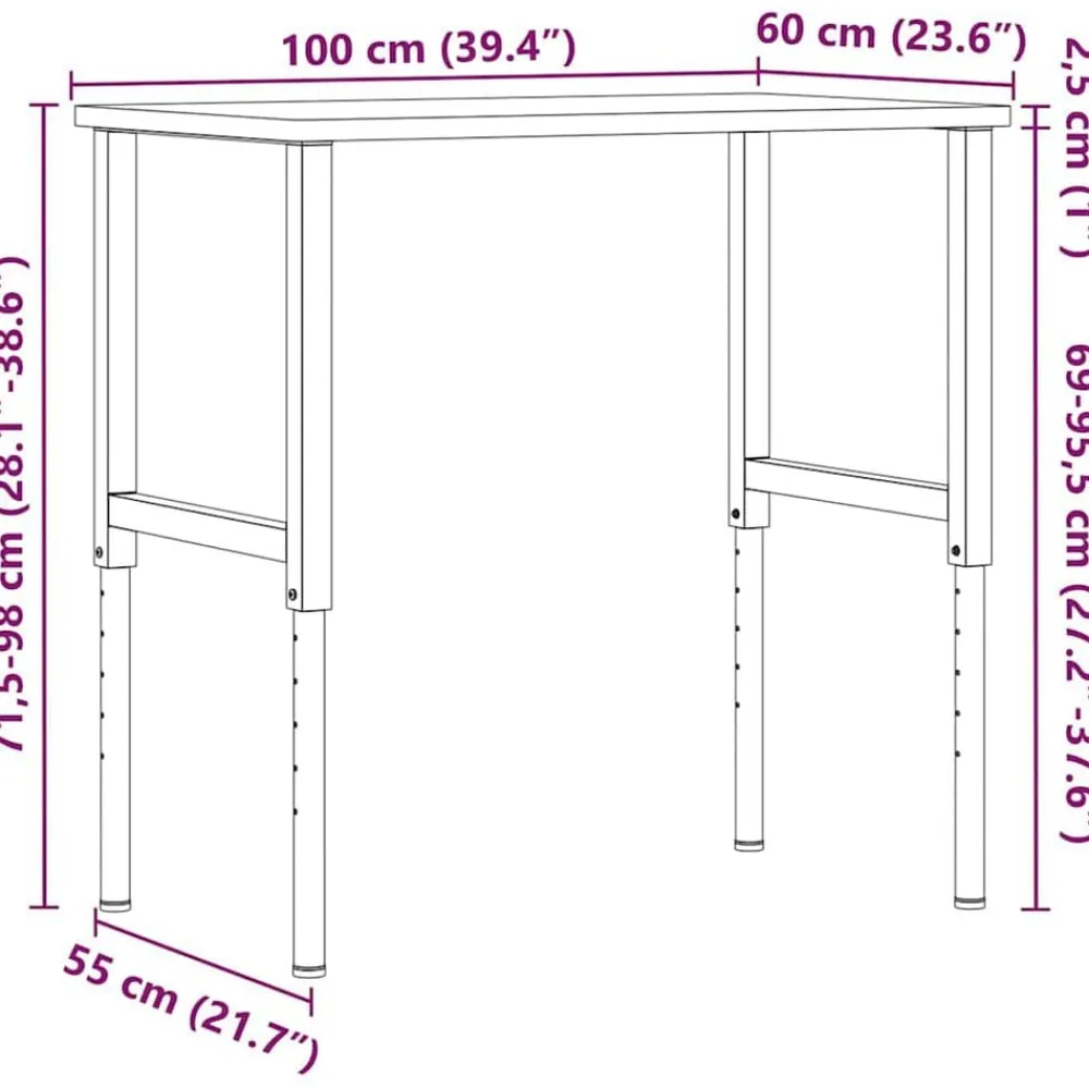 vidaXL Banco de trabajo rectangular madera maciza 100x60x(71,5-98) cm marrón claro y blanco New