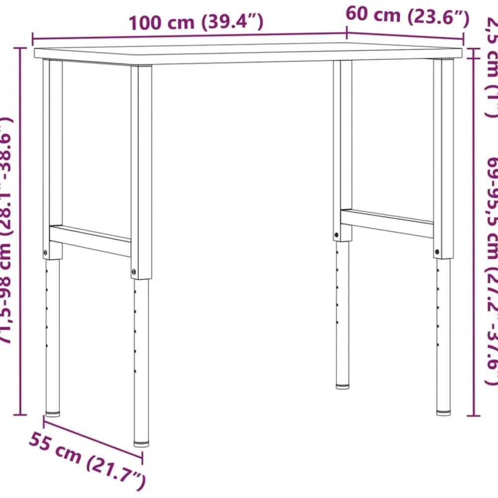 vidaXL Accesorios De Bricolaje-Banco de trabajo rectangular madera maciza 100x60x(71,5-98) cm