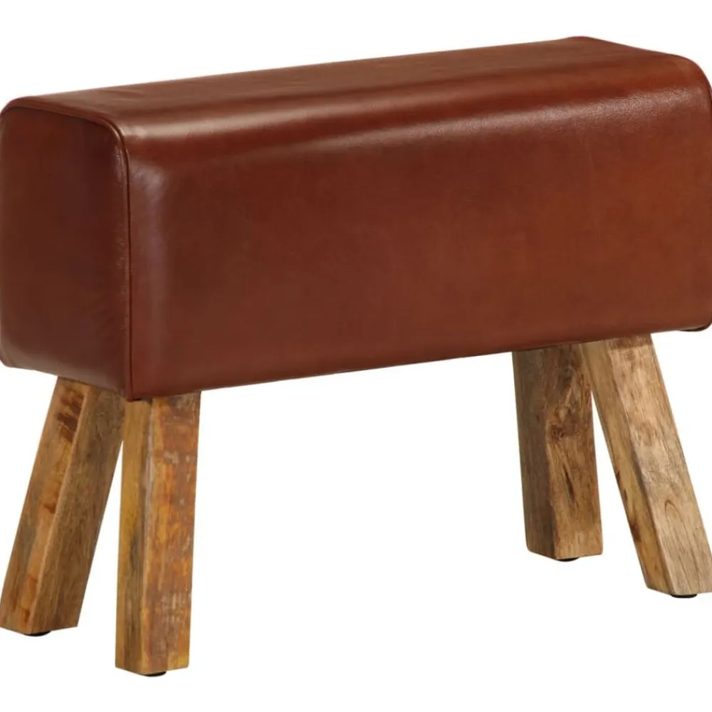 vidaXL Bancos-Banco potro gimnasio cuero auténtico madera mango marrón 58 cm