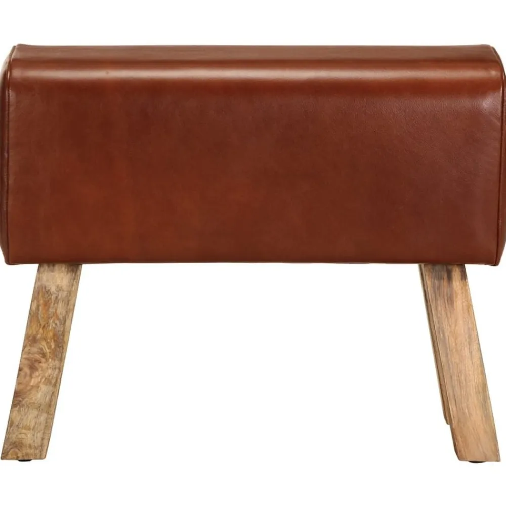 vidaXL Bancos-Banco potro gimnasio cuero auténtico madera mango marrón 58 cm