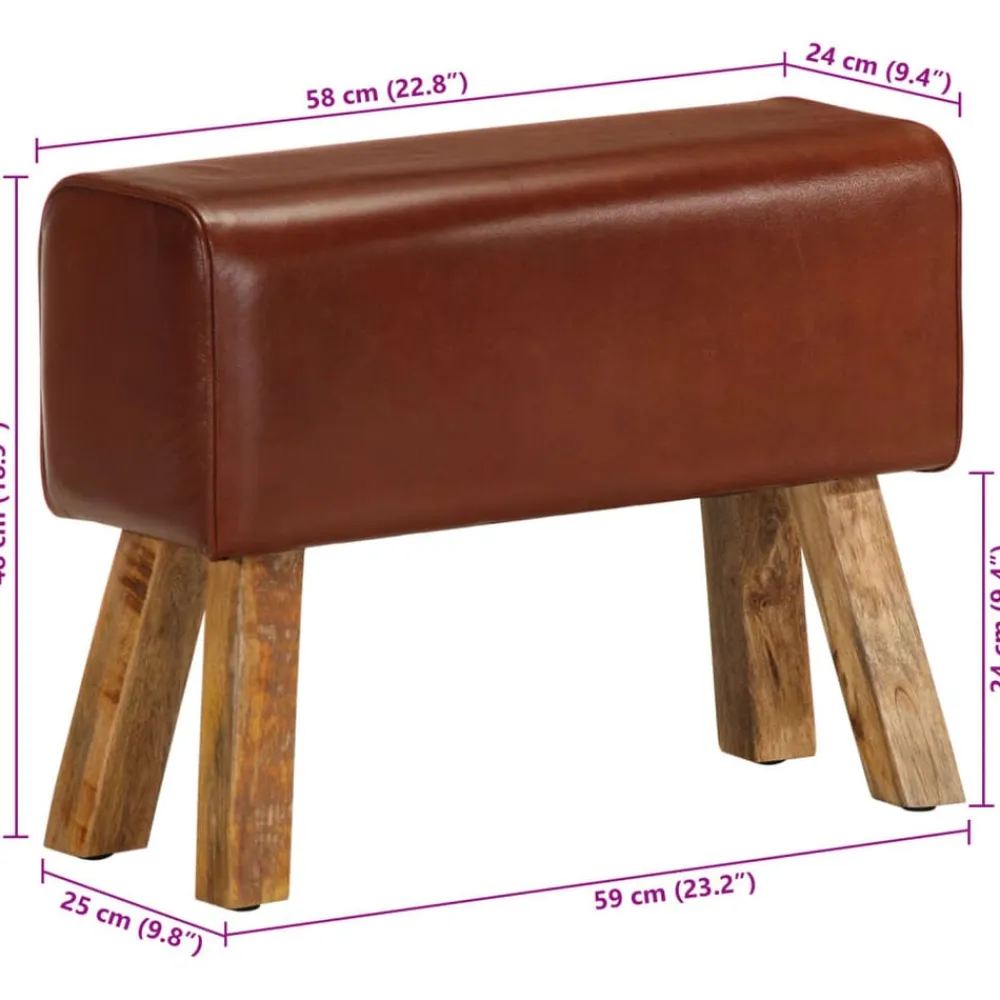 vidaXL Bancos-Banco potro gimnasio cuero auténtico madera mango marrón 58 cm