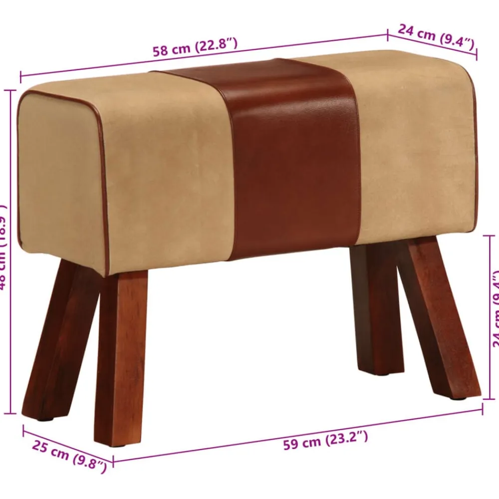 vidaXL Bancos-Banco potro gimnasio cuero auténtico madera mango marrón 58 cm