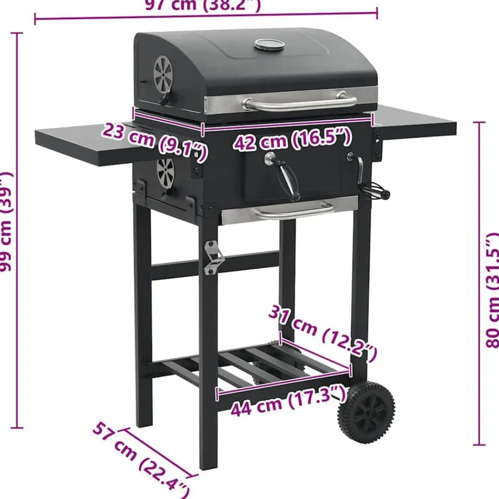 vidaXL Cocina Y Comedor-Barbacoa de carbón con estante inferior negra