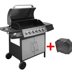 vidaXL Barbacoa grill de gas 6+1 quemadores negra y plateada Negro y plateado Sale