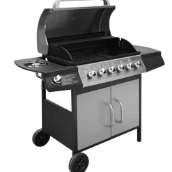 vidaXL Barbacoa grill de gas 6+1 quemadores negra y plateada Negro y plateado Sale