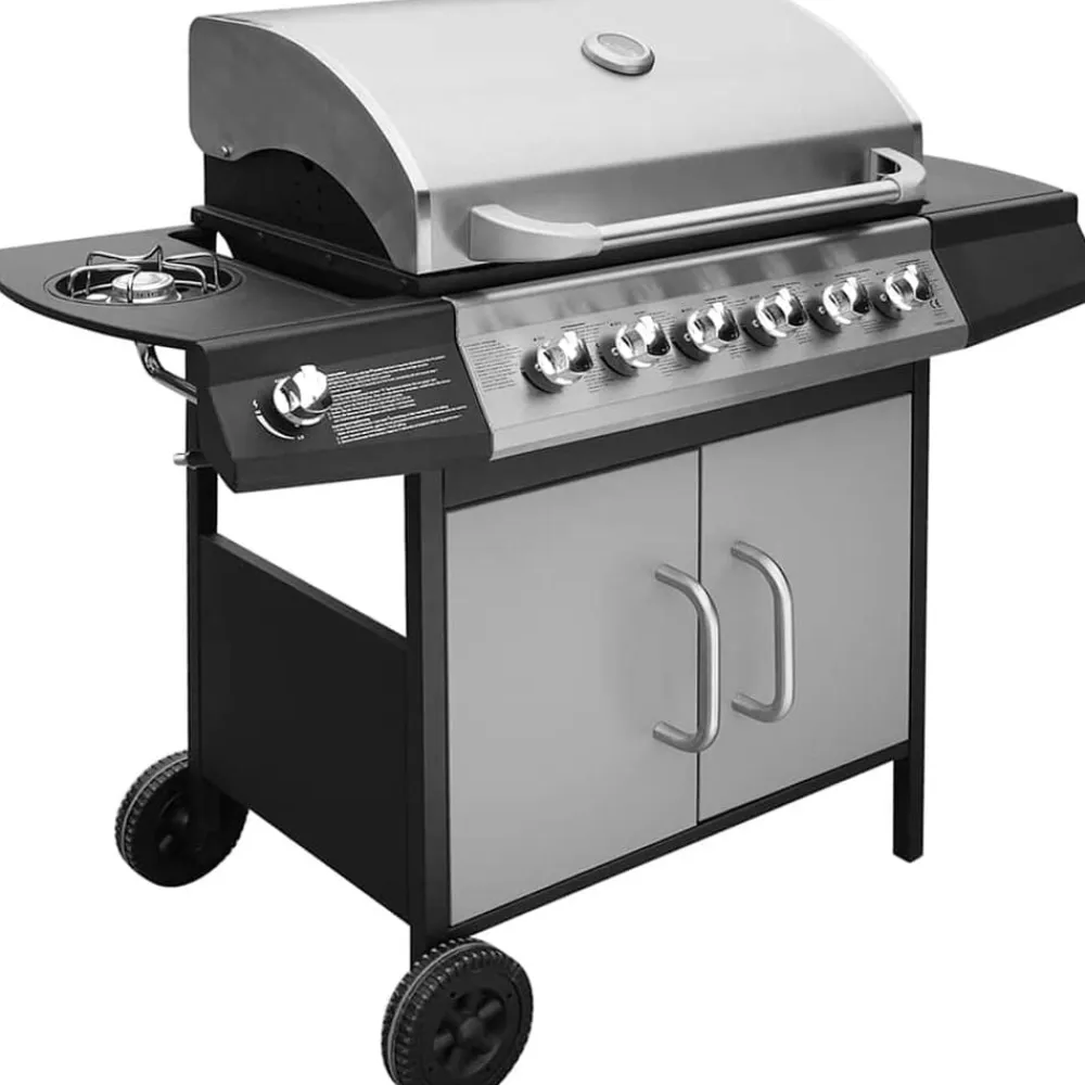 vidaXL Barbacoa grill de gas 6+1 quemadores negra y plateada Negro y plateado Sale