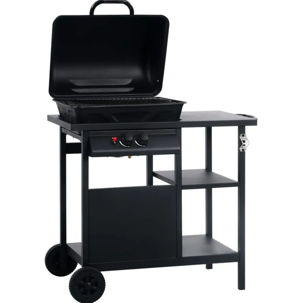 vidaXL Barbacoa portátil de gas con mesita de 3 estantes Negro Sale