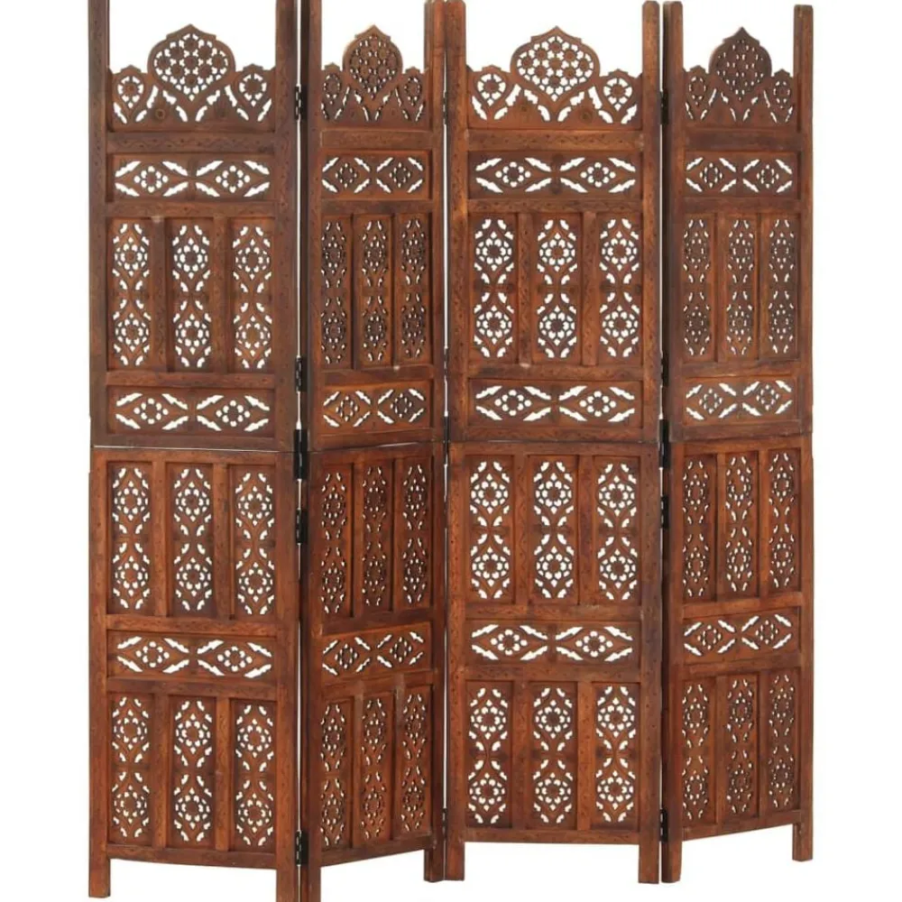 vidaXL Divisores De Ambientes-Biombo 4 paneles tallado a mano madera mango marrón 160x165 cm