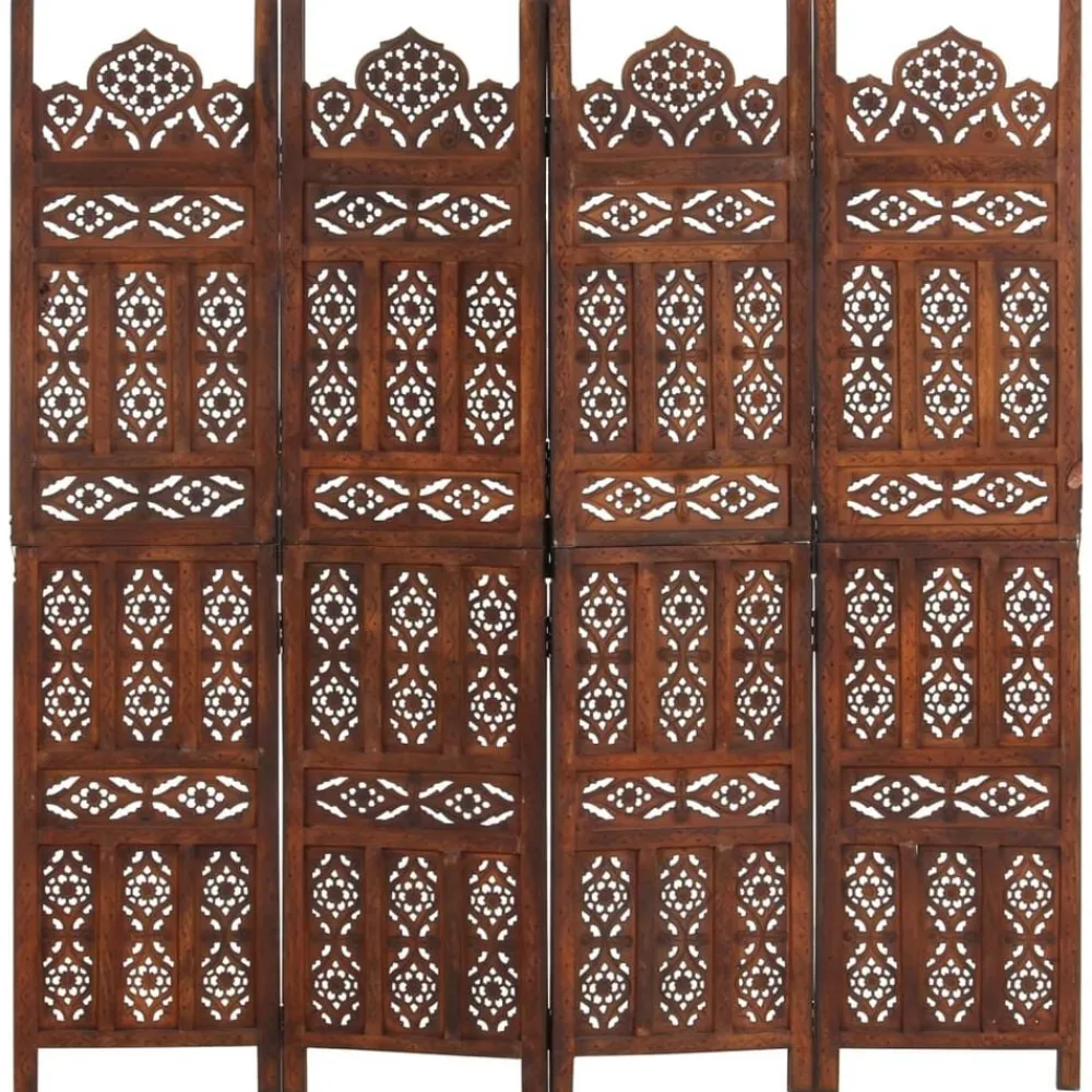 vidaXL Divisores De Ambientes-Biombo 4 paneles tallado a mano madera mango marrón 160x165 cm