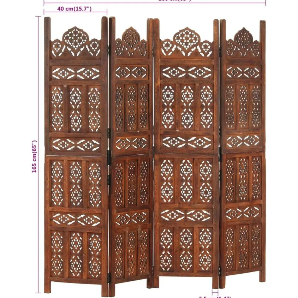 vidaXL Divisores De Ambientes-Biombo 4 paneles tallado a mano madera mango marrón 160x165 cm