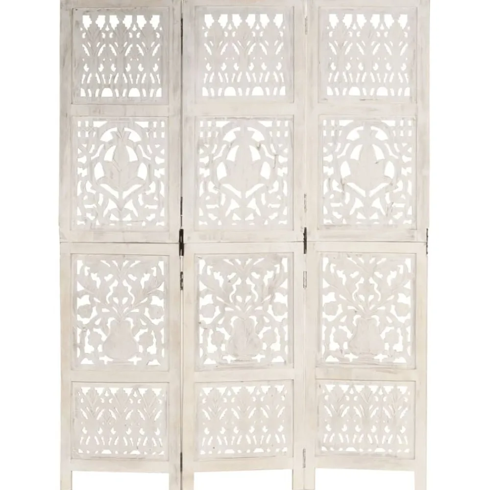 vidaXL Divisores De Ambientes-Biombo 3 paneles tallado a mano madera mango 120x165 cm
