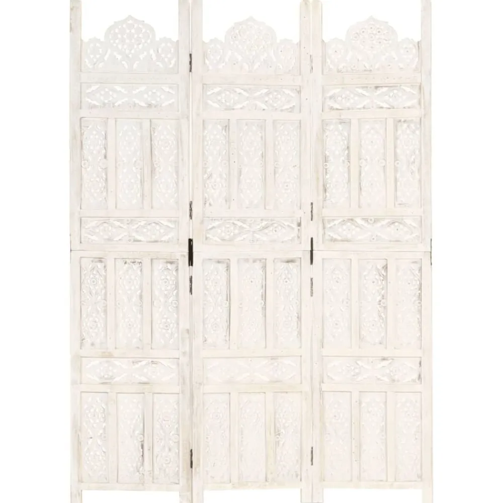 vidaXL Biombo 3 paneles tallado a mano madera mango 120x165 cm Blanco Best