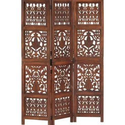 vidaXL Biombo 3 paneles tallado a mano madera mango marrón 120x165 cm Marrón Online
