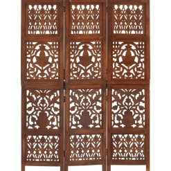 vidaXL Biombo 3 paneles tallado a mano madera mango marrón 120x165 cm Marrón Online