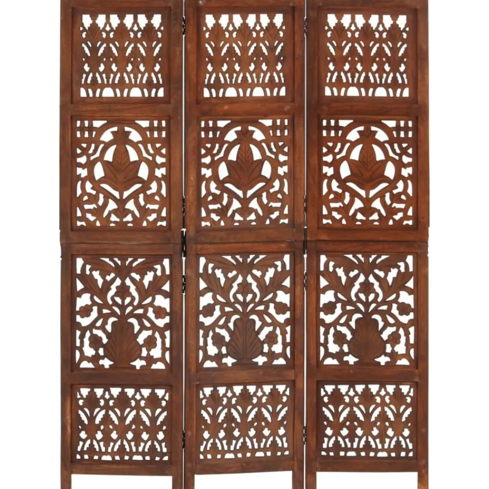 vidaXL Biombo 3 paneles tallado a mano madera mango marrón 120x165 cm Marrón Online