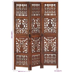 vidaXL Biombo 3 paneles tallado a mano madera mango marrón 120x165 cm Marrón Online