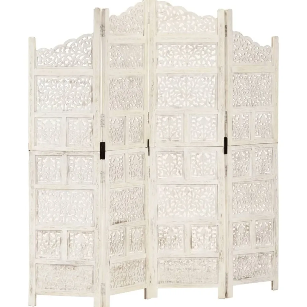 vidaXL Biombo 4 paneles tallado a mano madera mango 160x165 cm Blanco Sale