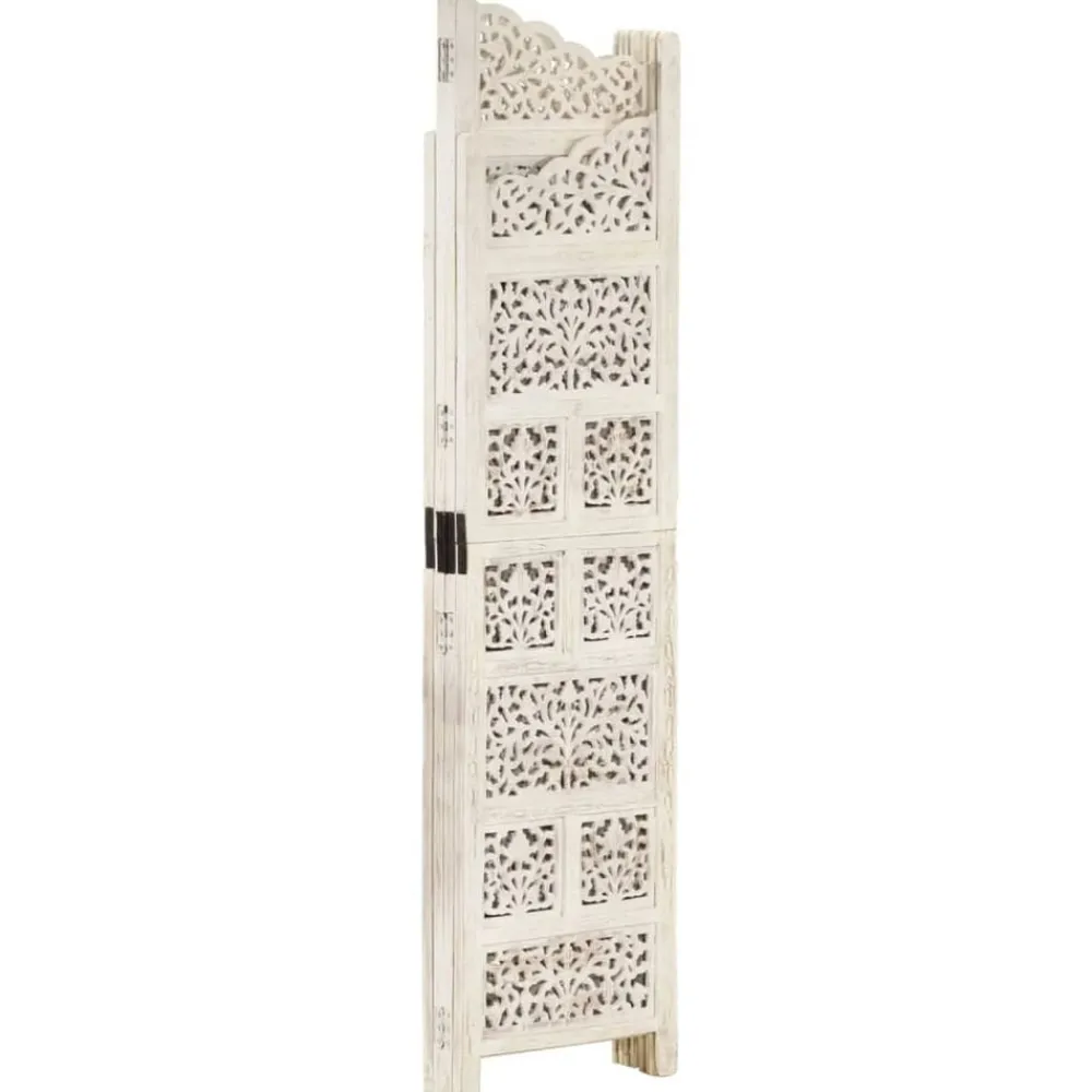 vidaXL Biombo 4 paneles tallado a mano madera mango 160x165 cm Blanco Sale