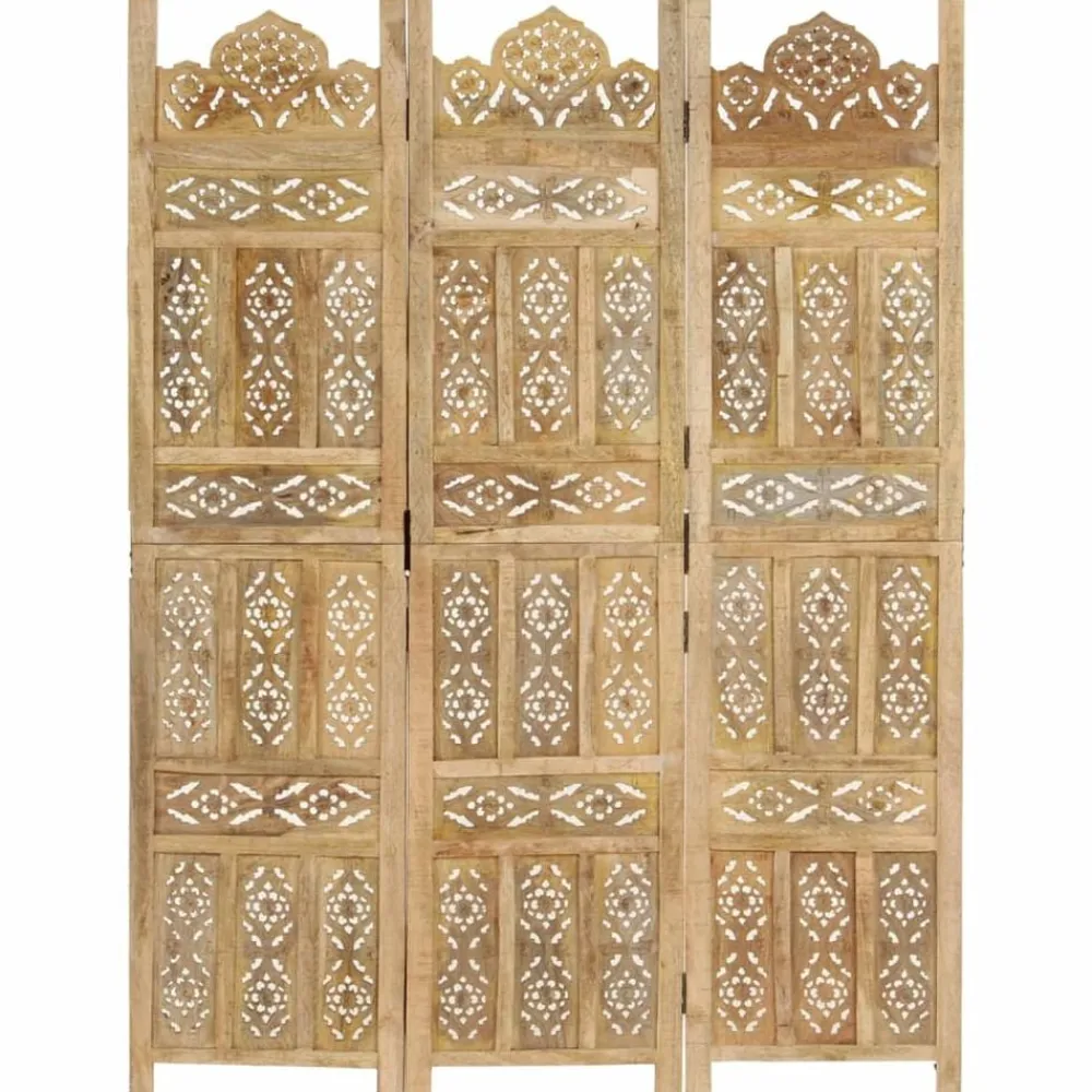 vidaXL Biombo de 3 paneles tallado a mano madera de mango 120x165 cm Marrón claro Sale