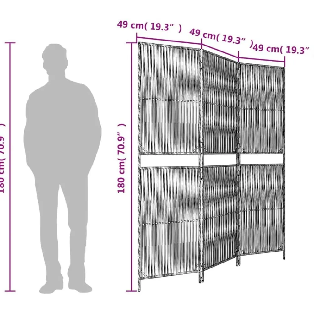 vidaXL Biombo de 3 paneles ratán sintético Negro New