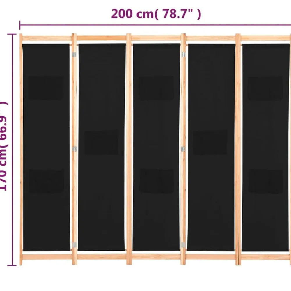 vidaXL Biombo divisor de 5 paneles de tela negro 200x170x4 cm Discount