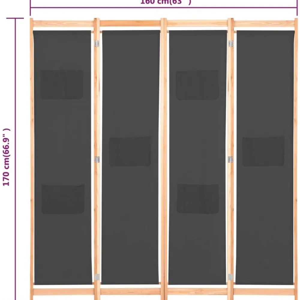 vidaXL Divisores De Ambientes-Biombo divisor de 4 paneles de tela gris 160x170x4 cm