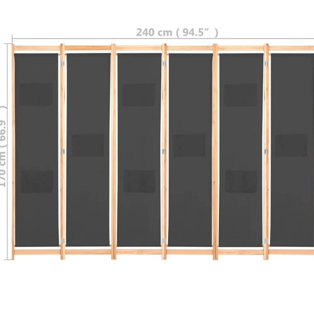 vidaXL Divisores De Ambientes-Biombo divisor de 6 paneles de tela gris 240x170x4 cm