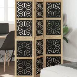 vidaXL Biombo separador 3 paneles madera maciza Paulownia marrón negro Online