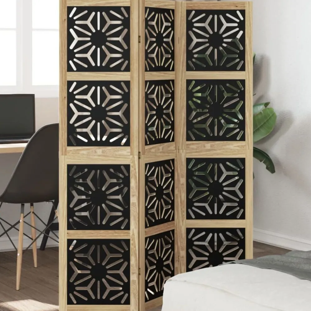 vidaXL Biombo separador 3 paneles madera maciza Paulownia marrón negro Online