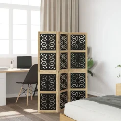 vidaXL Biombo separador 3 paneles madera maciza Paulownia marrón negro Online