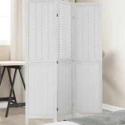 vidaXL Divisores De Ambientes-Biombo separador de 3 paneles madera maciza Paulownia blanco