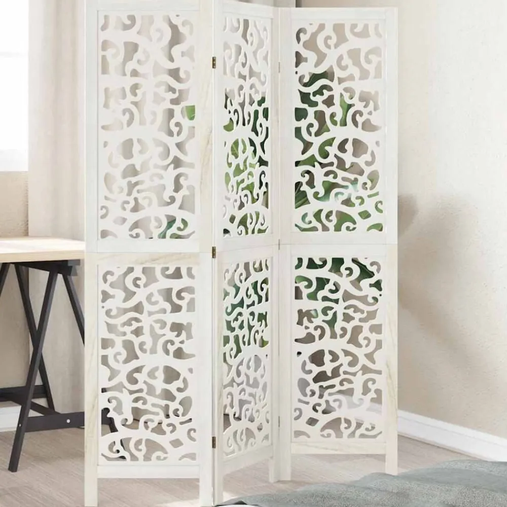 vidaXL Divisores De Ambientes-Biombo separador de 3 paneles madera maciza Paulownia blanco