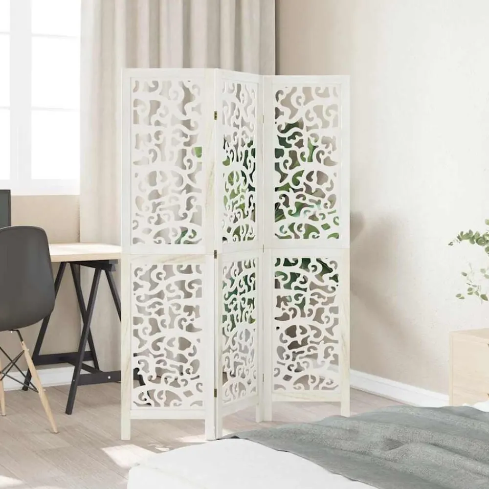 vidaXL Divisores De Ambientes-Biombo separador de 3 paneles madera maciza Paulownia blanco