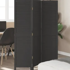 vidaXL Divisores De Ambientes-Biombo separador de 3 paneles madera maciza Paulownia negro