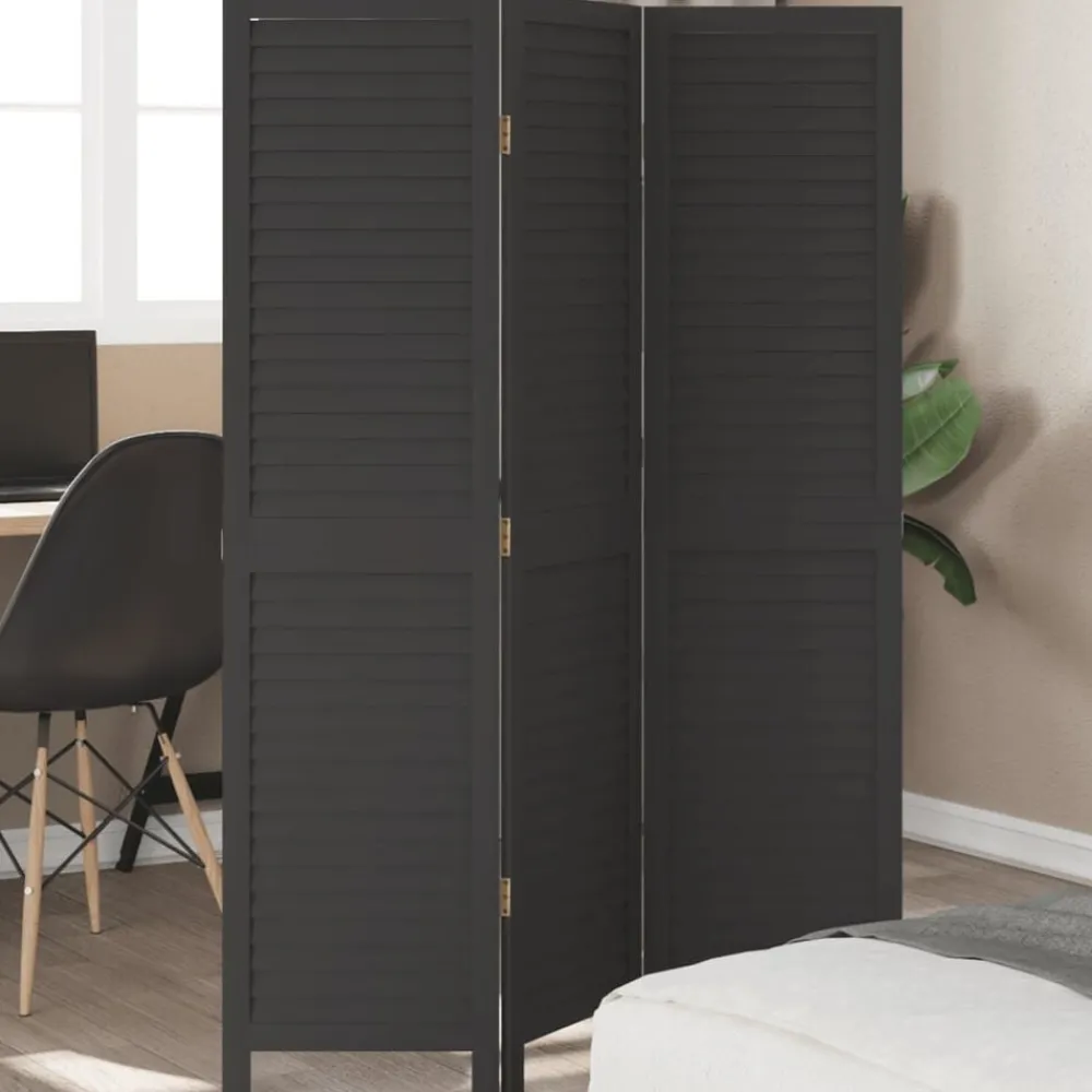 vidaXL Divisores De Ambientes-Biombo separador de 3 paneles madera maciza Paulownia negro