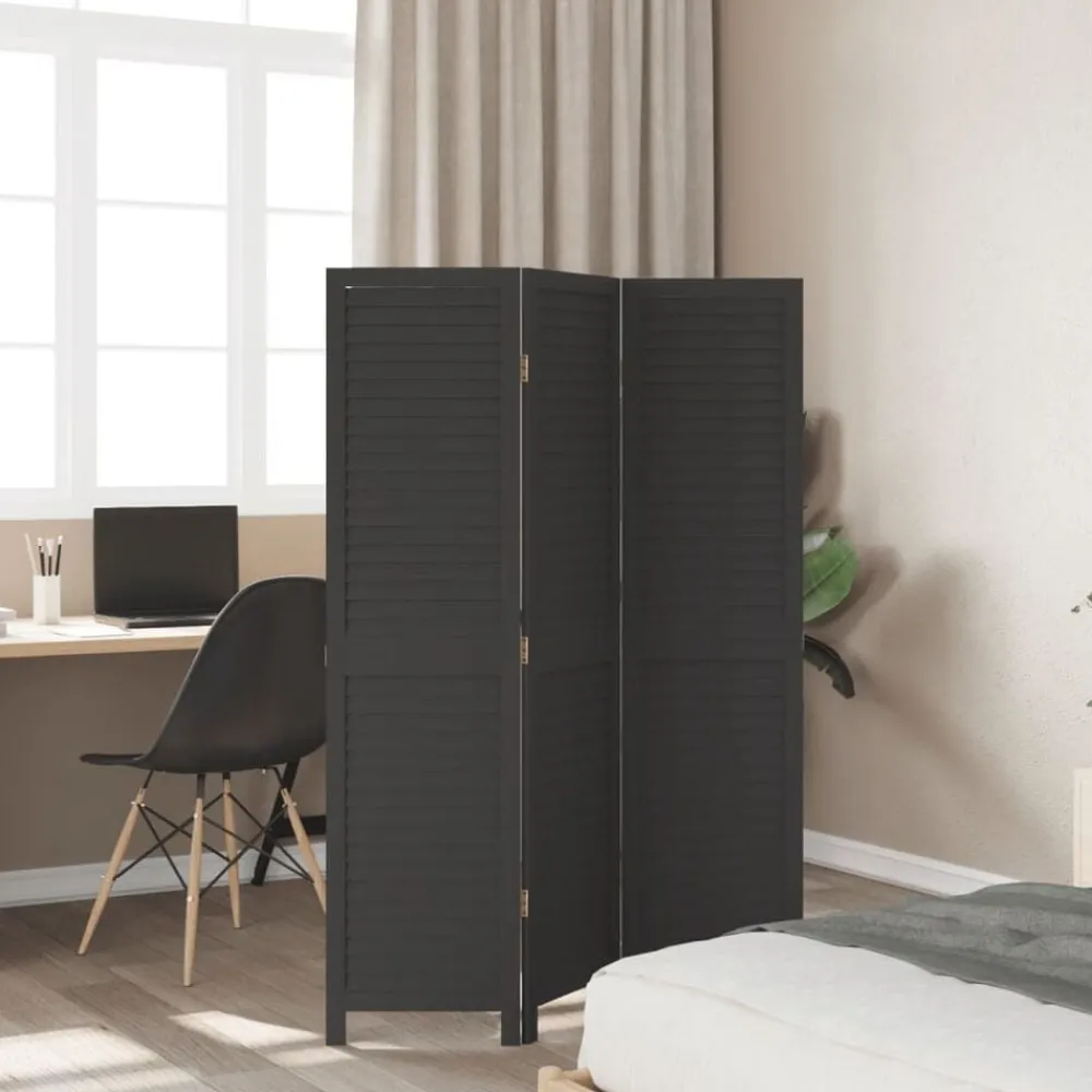 vidaXL Divisores De Ambientes-Biombo separador de 3 paneles madera maciza Paulownia negro