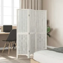 vidaXL Divisores De Ambientes-Biombo separador de 3 paneles madera maciza Paulownia blanco