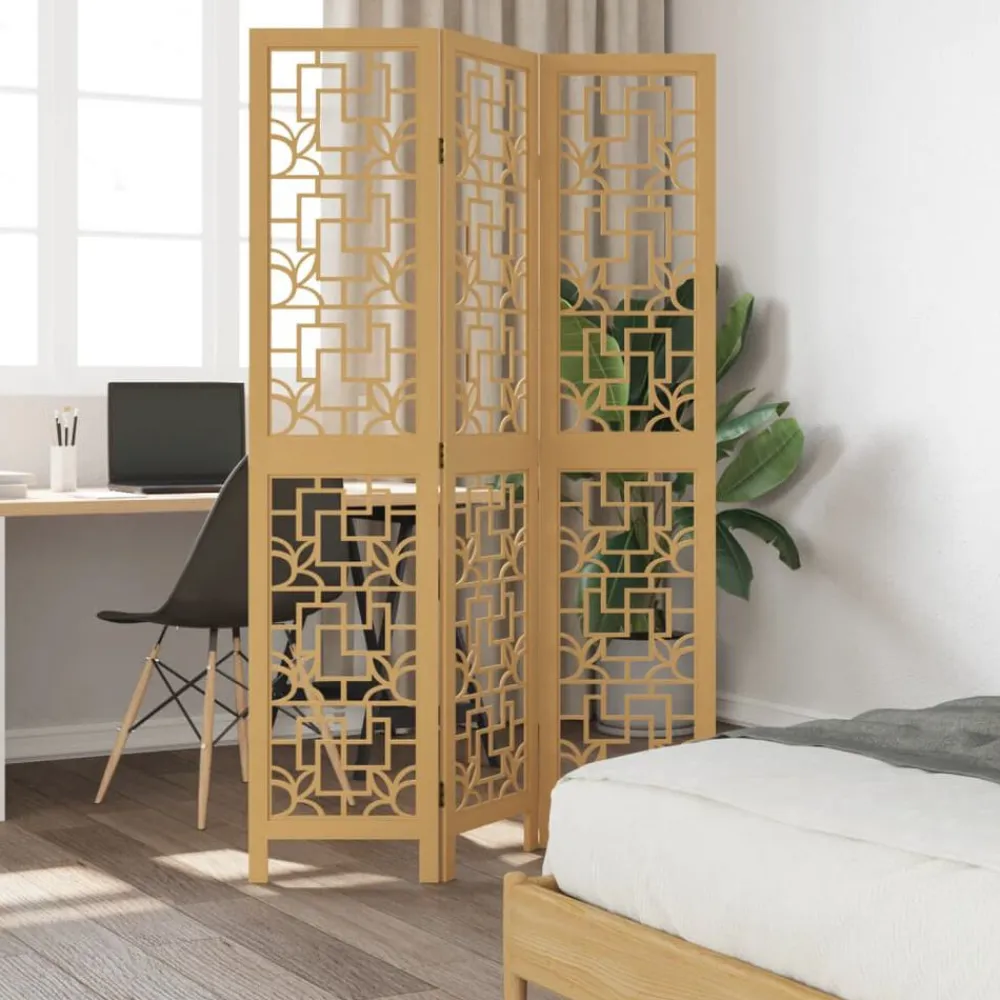 vidaXL Biombo separador de 3 paneles madera maciza paulownia marrón