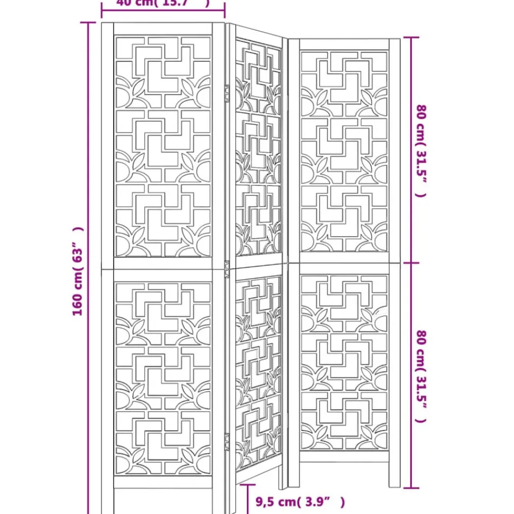 vidaXL Biombo separador de 3 paneles madera maciza paulownia marrón
