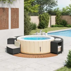 vidaXL Piscina Y Spa-Borde bañera hidromasaje madera acacia y ratán sintético