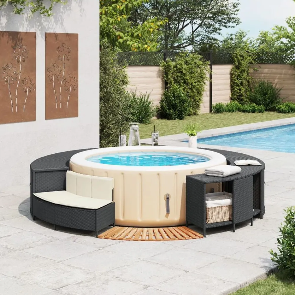 vidaXL Borde bañera hidromasaje madera acacia y ratán sintético Negro Best