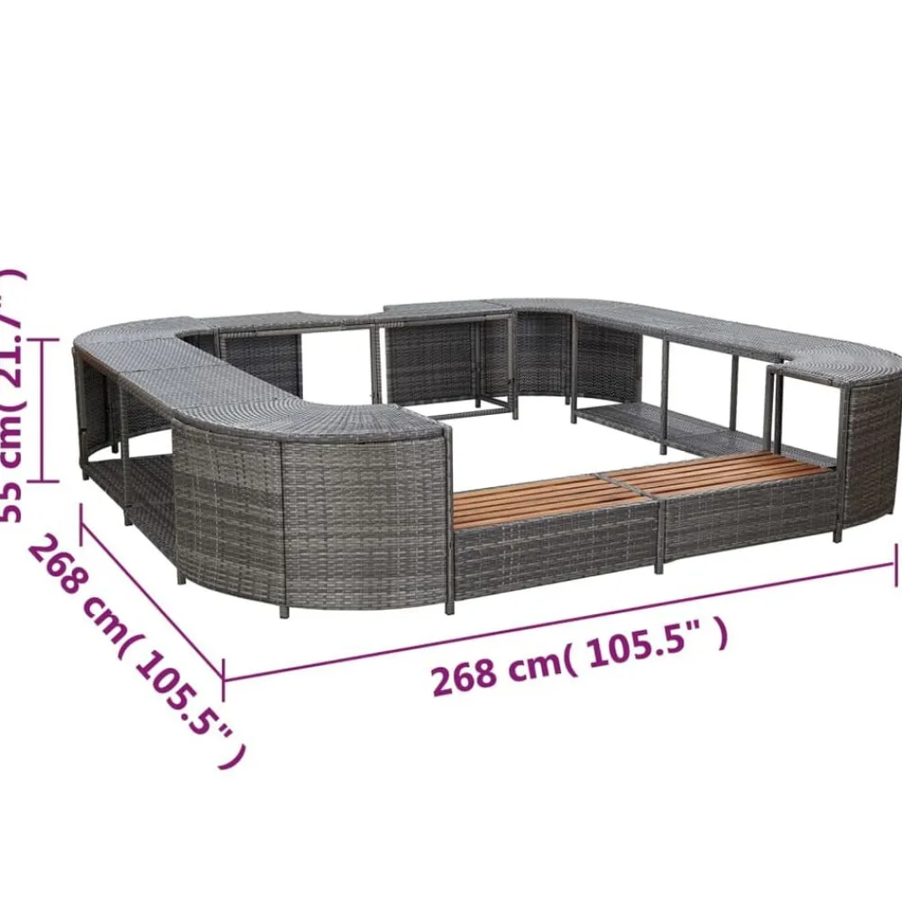 vidaXL Borde cuadrado bañera hidromasaje ratán PE 268x268x55 cm Gris