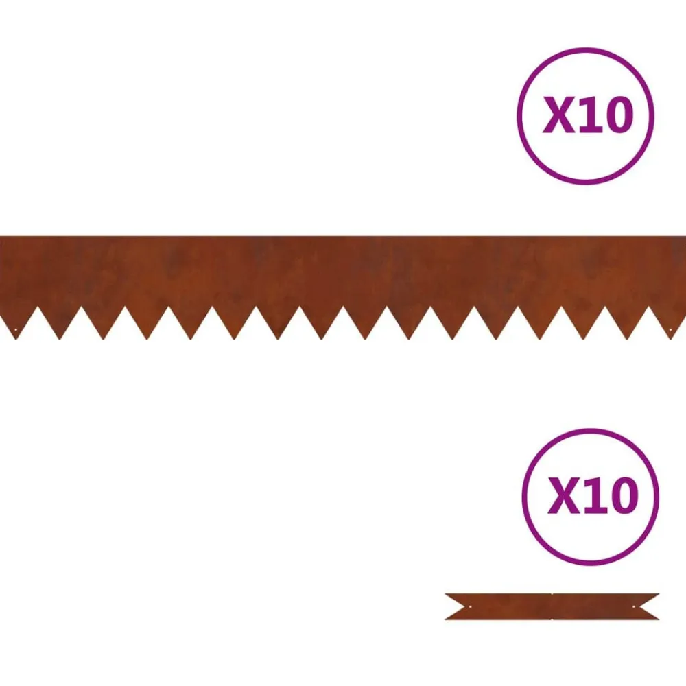 vidaXL Borde de Césped 10 pcs Marrón 100 x 0.05 x 20 cm Acero oxidado Outlet