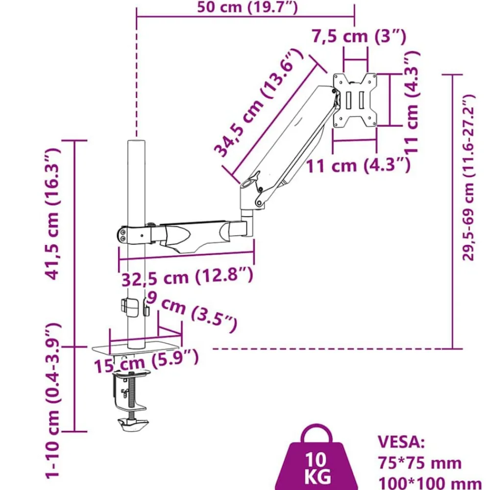 vidaXL Brazo de monitor único pantalla máxima 27'' resorte de gas 10kg Hot