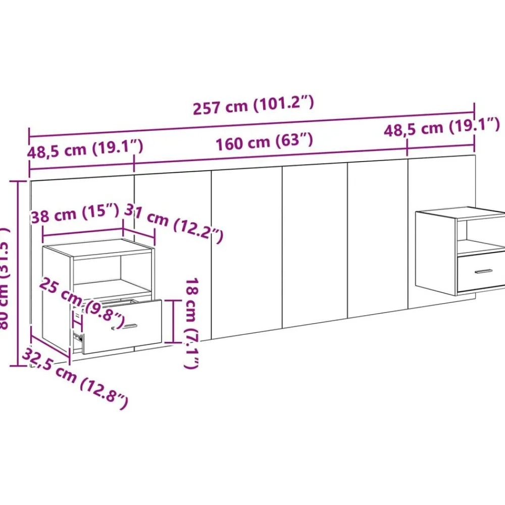 vidaXL Cabecero con Mueble 3 pcs Roble artesanal Madera de ingeniería Roble artisan